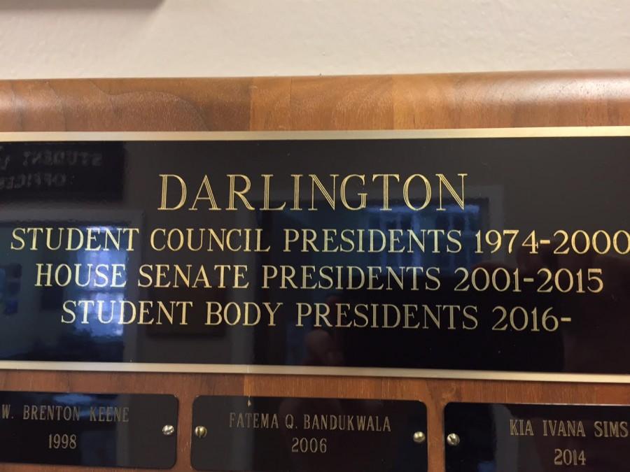 this plaque featuring Darlingtons heads of student government through the years hangs in Wilcox hall.