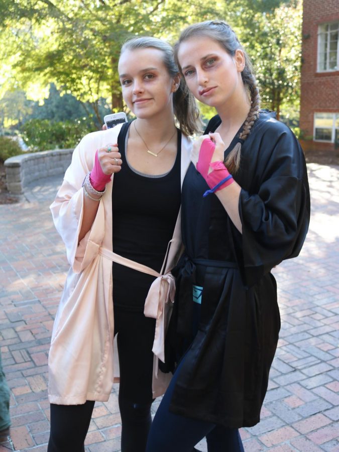 Senior Emily Taylor and Abigail Smith with fight club theme costumes.