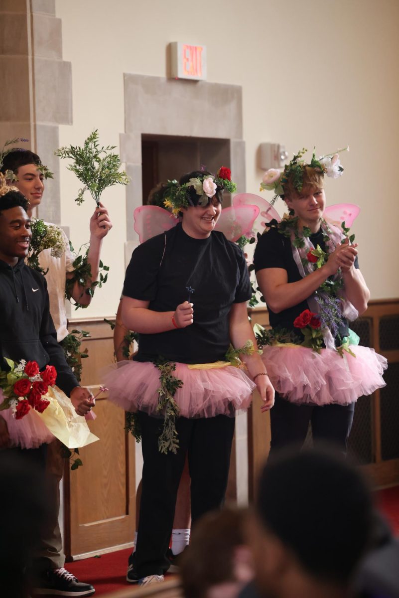 Left to right: Myles Twyman, Cam Selig, Harrison Inman and Henry Ledbetter are dressed as fairies for the Prom theme reveal. 