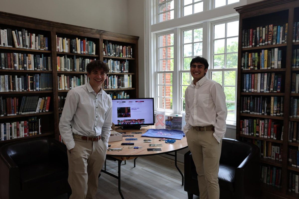 Seniors Charlie Patel and Atlas Kosedag pose with their Senior Ventures project or April 30. 