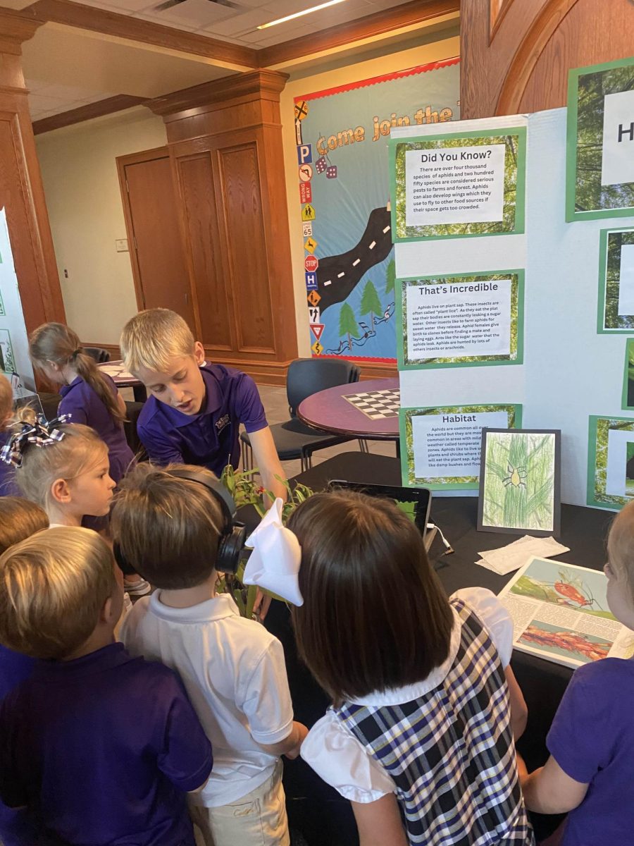 Fifth grader Levi Harrison explains the bug on his board.