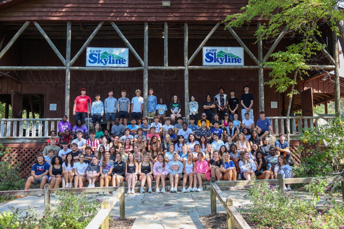 The senior class poses in front of the gym.