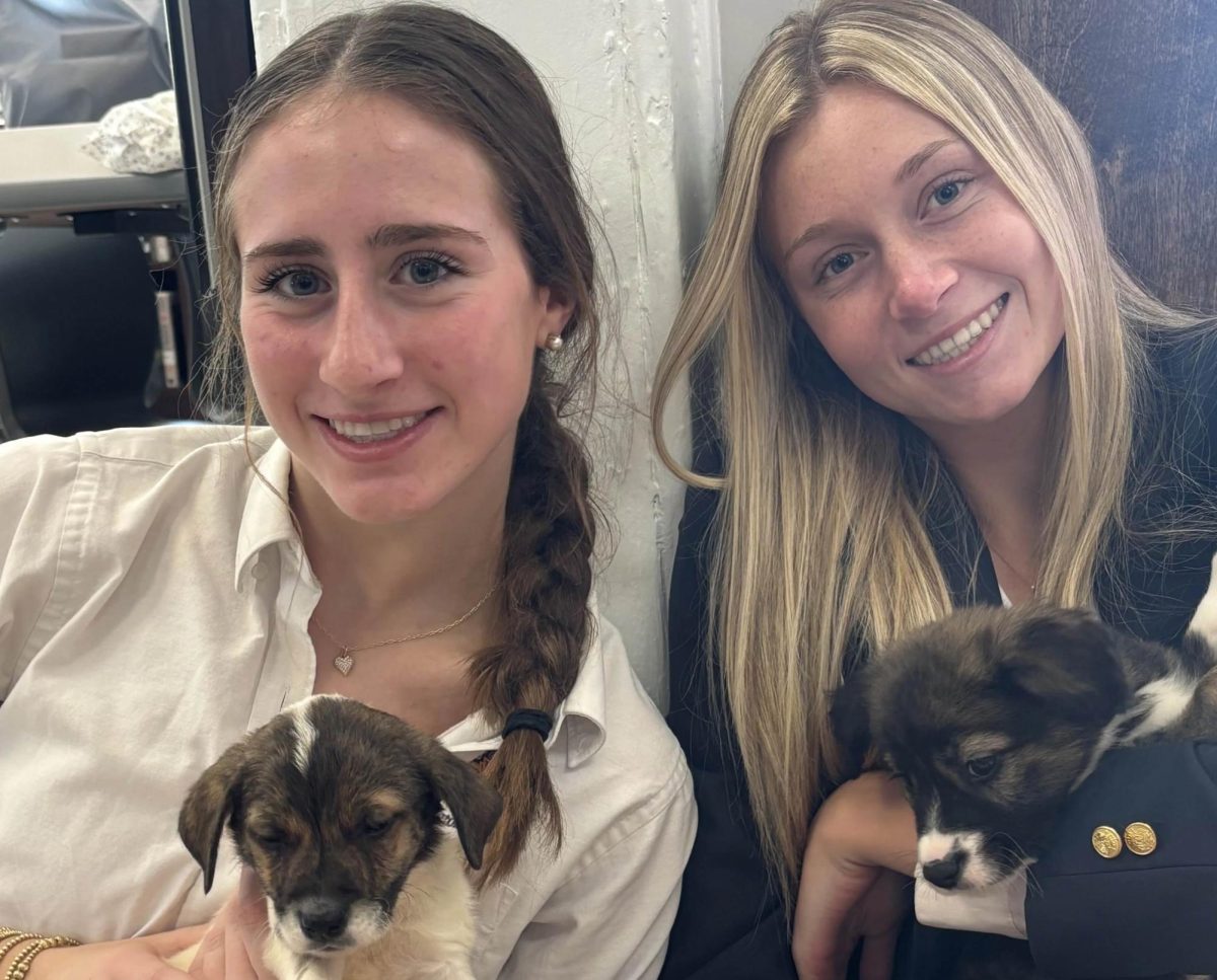 Seniors Sophie Piller and Ruthie Brinson pose with their puppies.